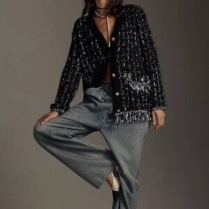 Anthropologie Tweed Fringe Cardigan Sweater Jacket XL NWT